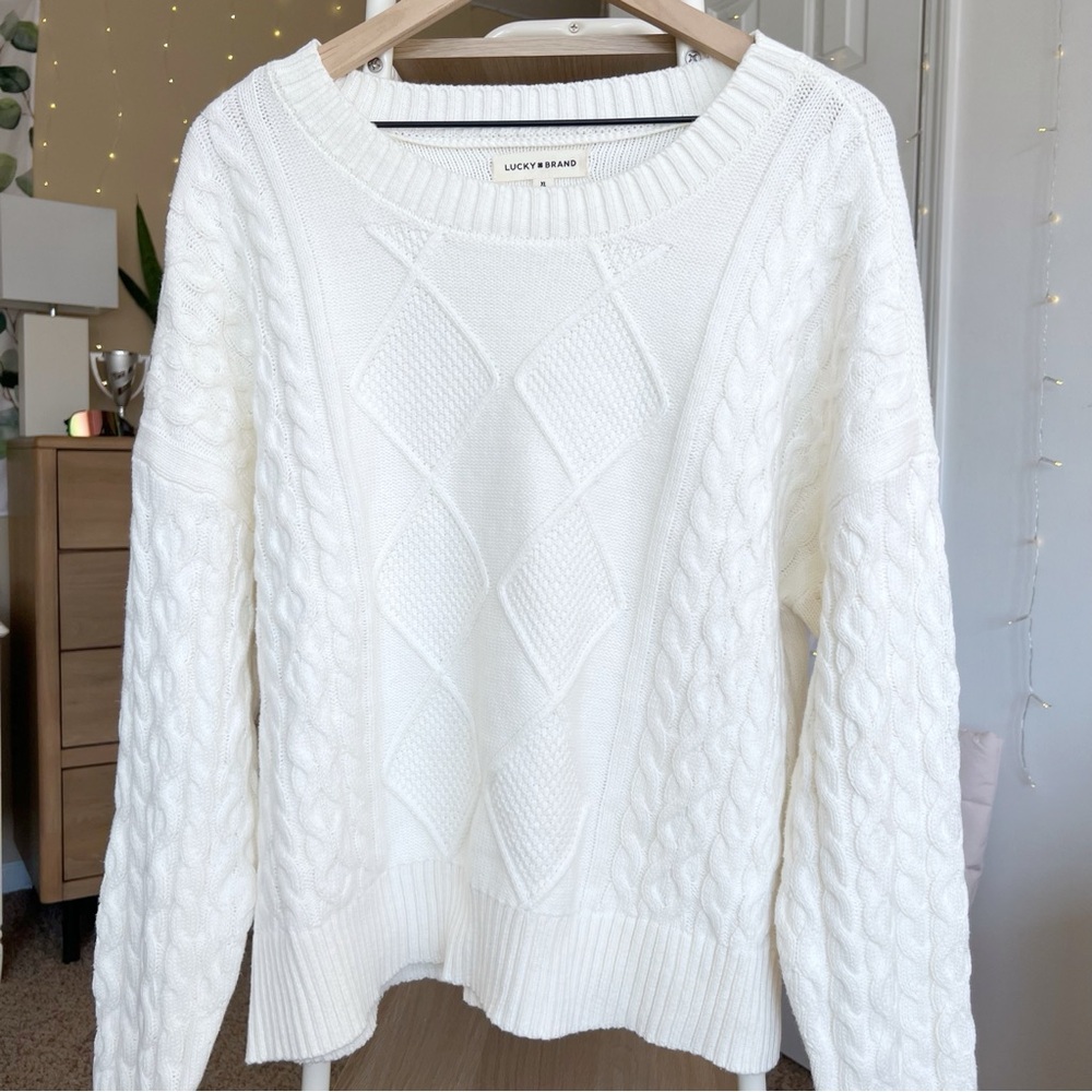 Lucky Brand XL Cream White Cable Knit Sweater Crew Scoop Neck